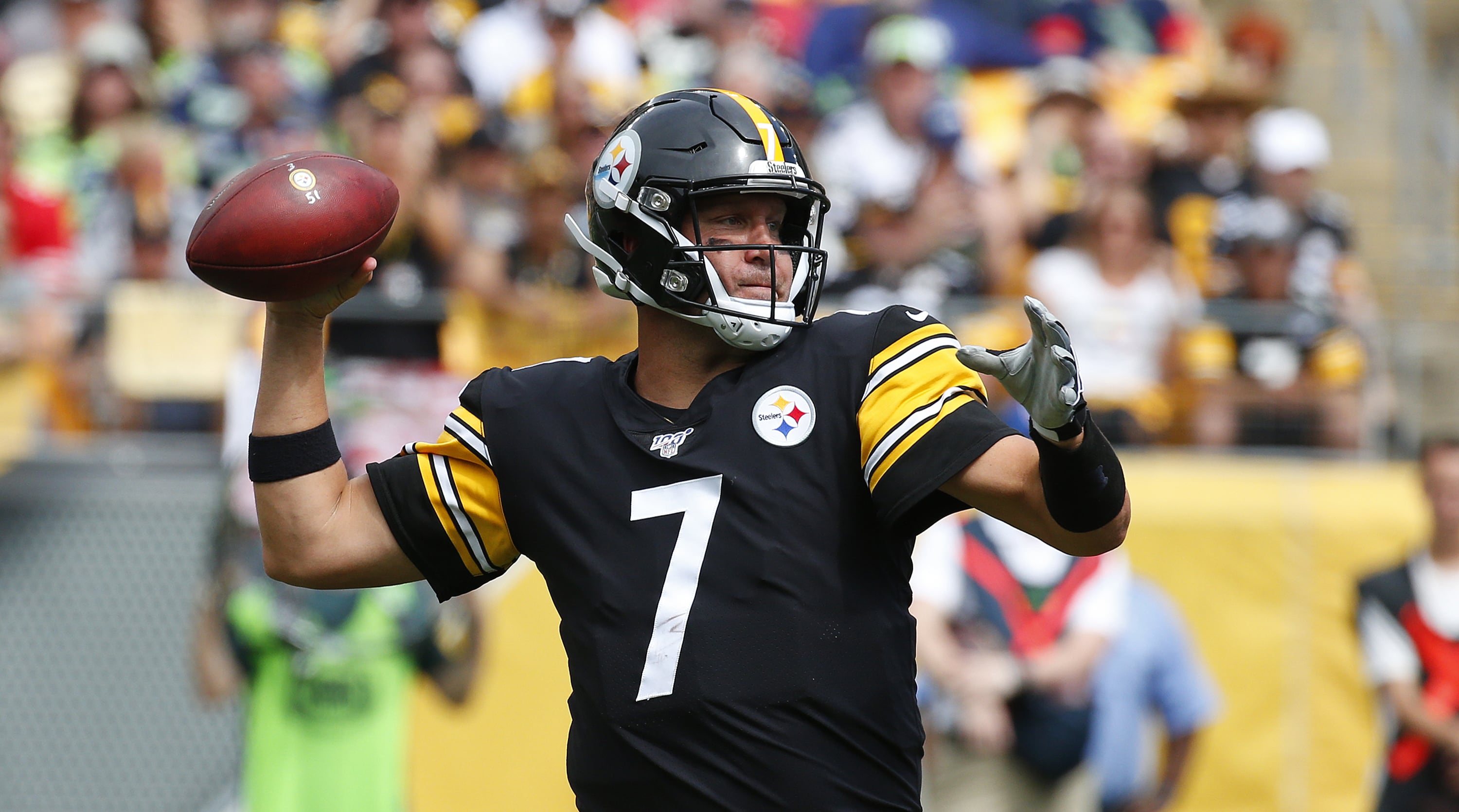 PITTSBURGH, PA - SEPTEMBER 15:  Ben Roethlisberger #7 of the Pittsburgh Steelers in action against the Seattle Seahawks on September 15, 2019 at Heinz Field in Pittsburgh, Pennsylvania.  (Photo by Justin K. Aller/Getty Images)